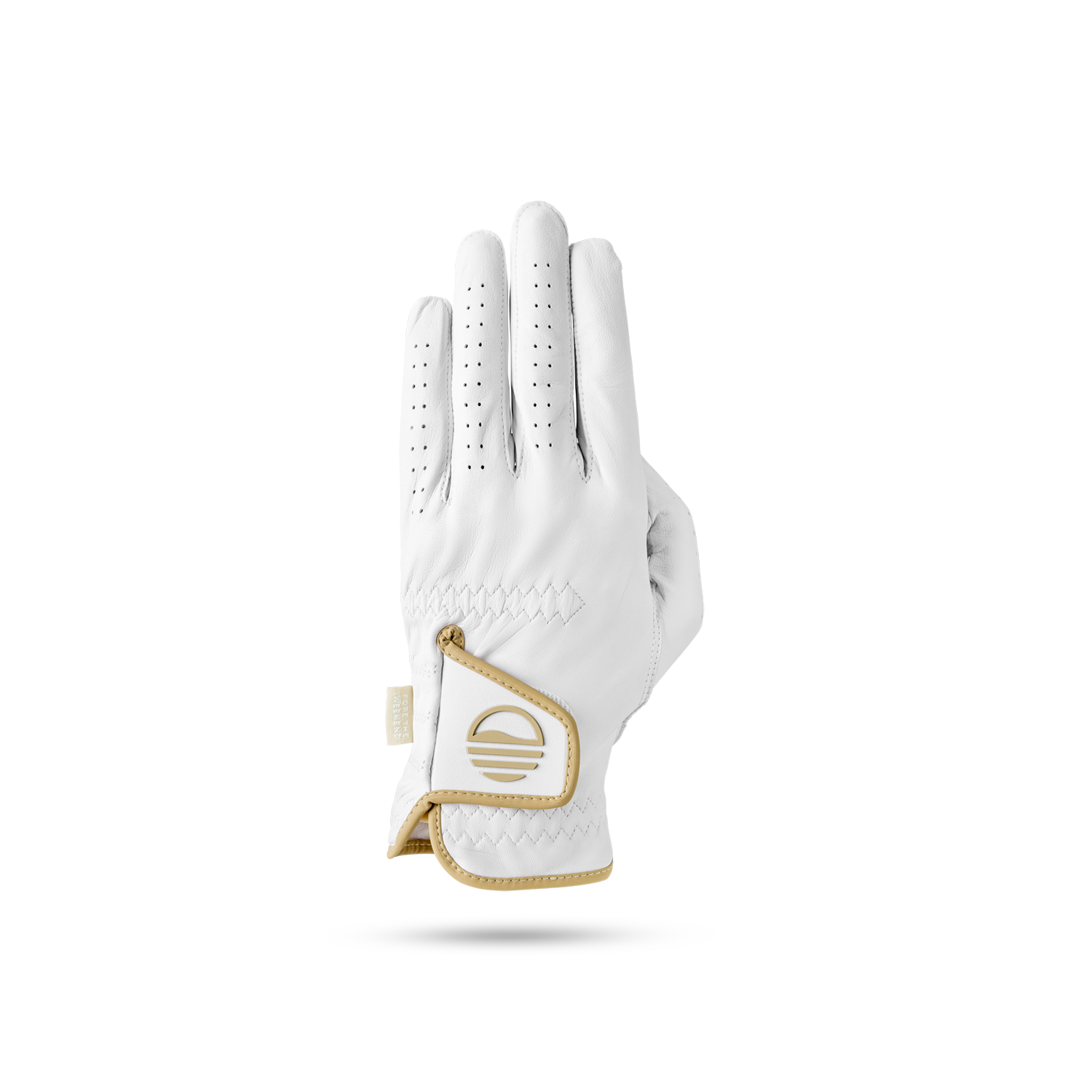 The back of leather golf glove in toasted almond and white color showing its velcro closure with Sunday Golf logo