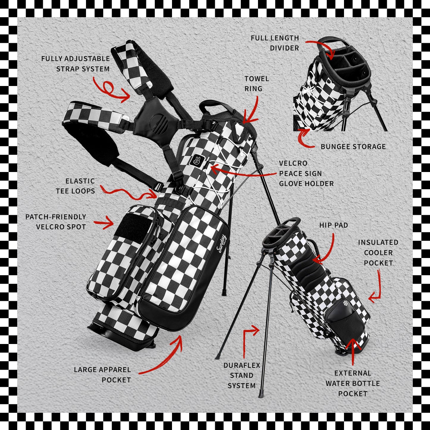 A product description image of a checkered Black & White Recess kids golf bag showing key features with labels