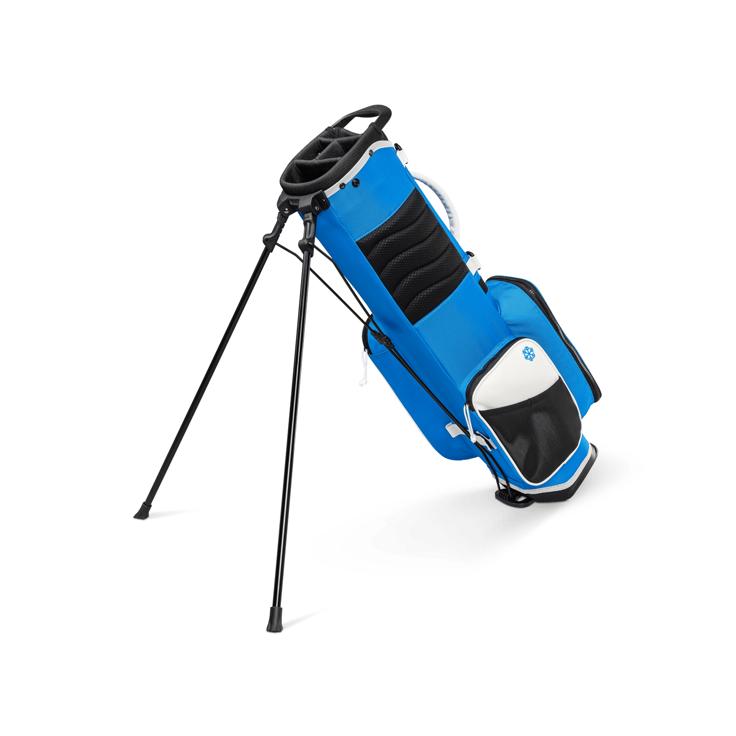 A full shot of a blue & white Recess kids golf bag facing backward