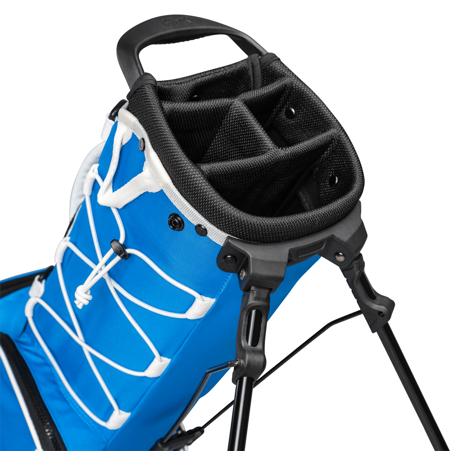 A close up top view of a blue & white Recess kids golf bag’s 4-way divider