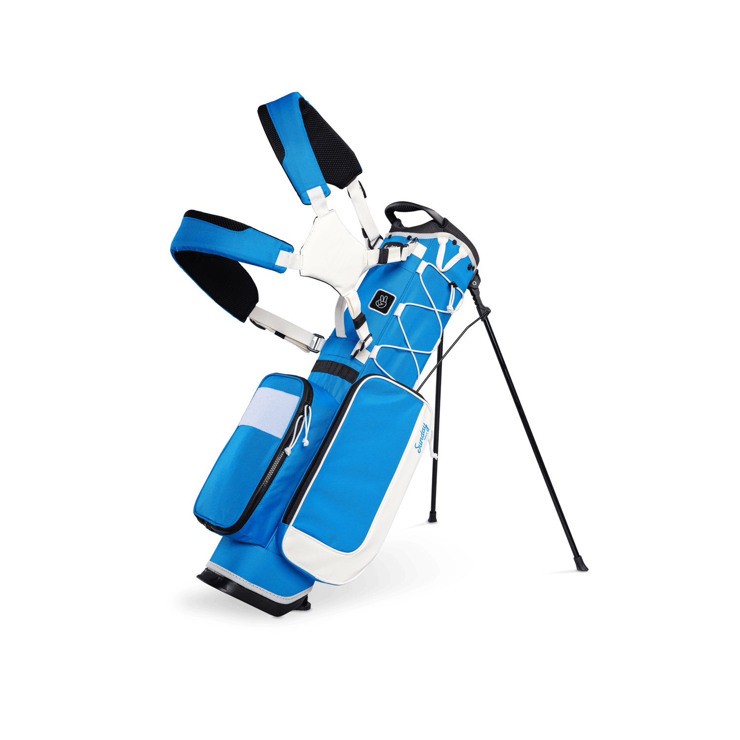 A full front shot of a blue & white Recess kids golf bag with double straps