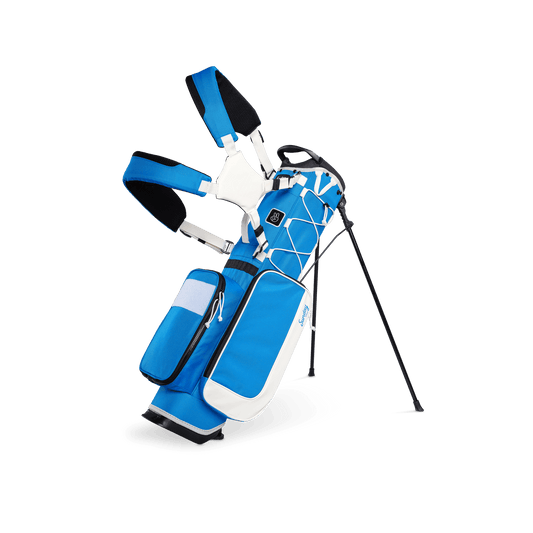 A full front shot of a blue & white Recess kids golf bag with double straps