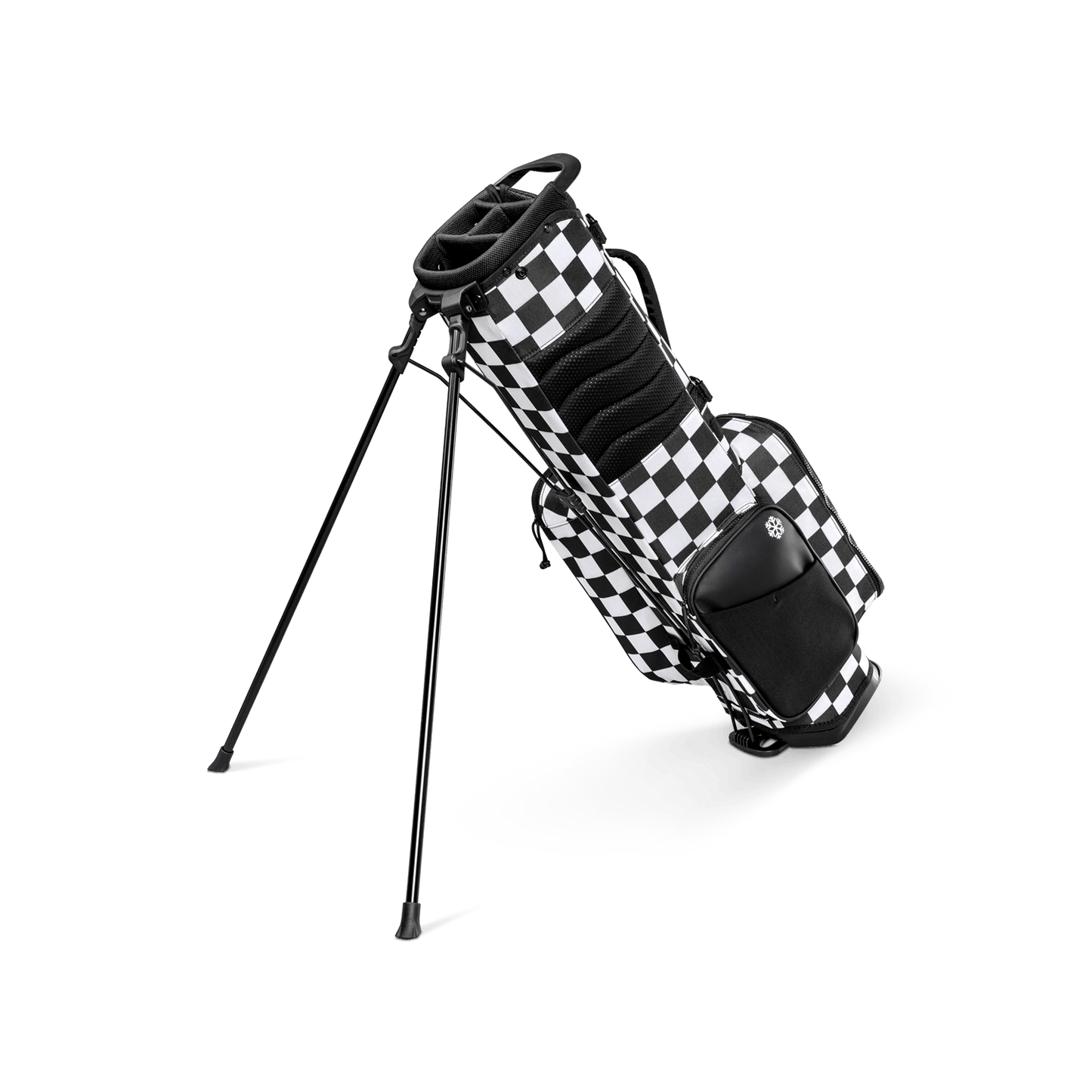 A full shot of a checkered Black & White Recess kids golf bag facing backward