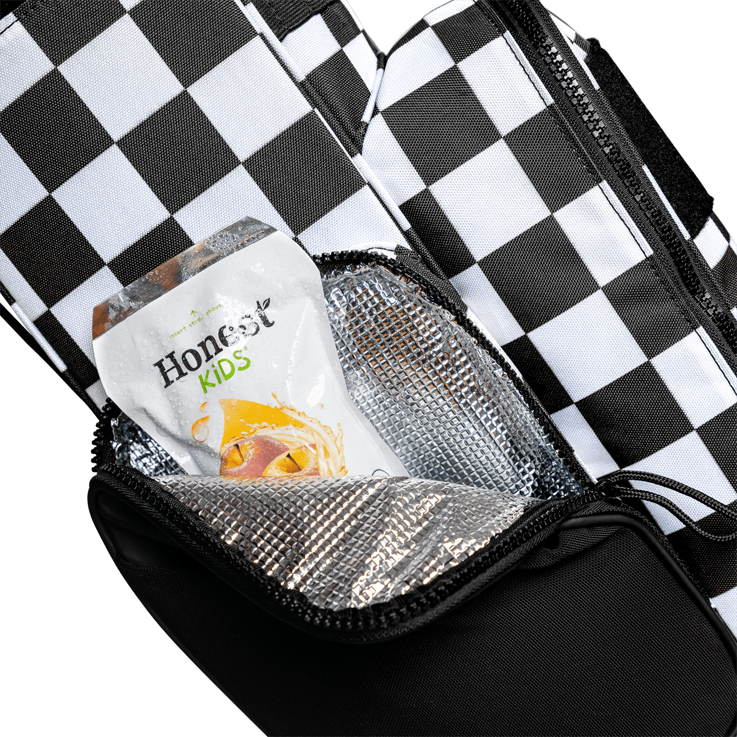 A close up shot of a checkered Black & White Recess kids golf bag's insulated pocket with a canned drink inside