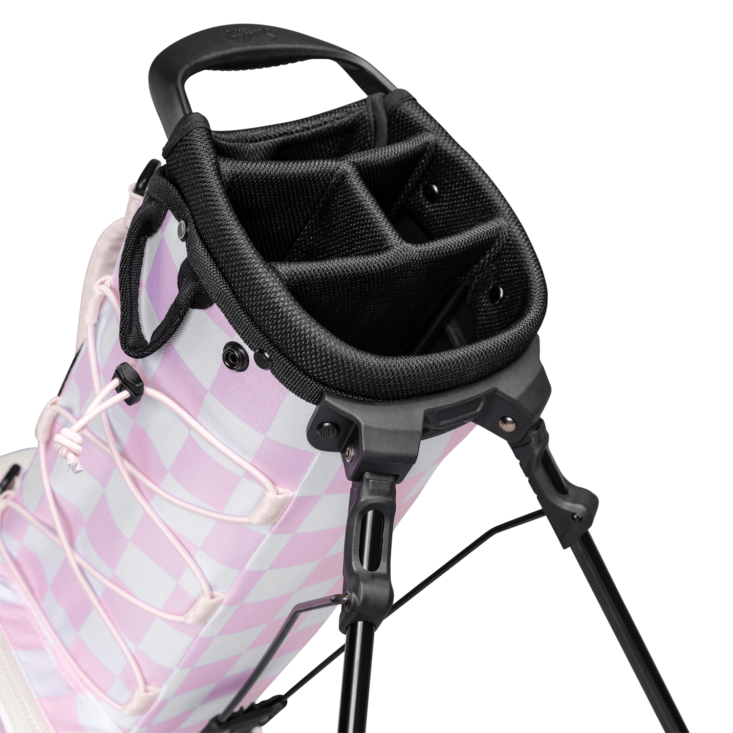 A close up top view of a checkered Pink & White Recess kids golf bag’s 4-way divider
