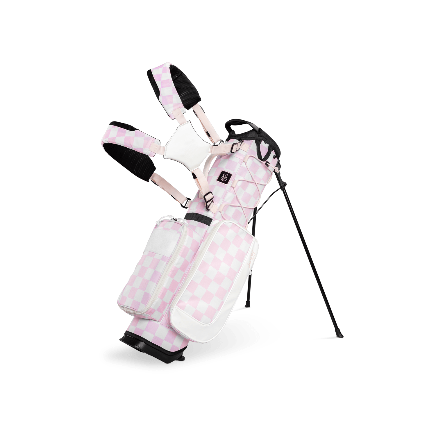 A full front shot of a checkered Pink & White Recess kids golf bag with double straps