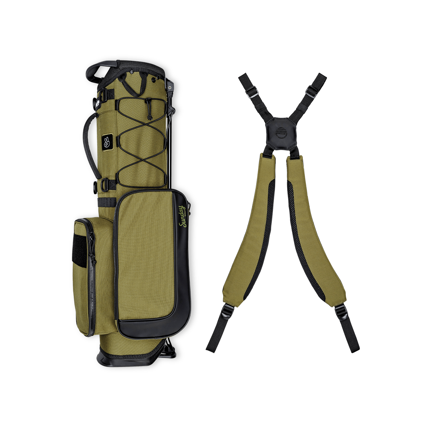 A full shot of a Patton Green Recess kids golf bag laying flat sideways beside its double straps