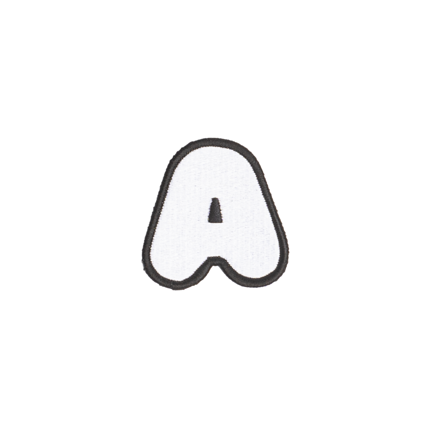 A white embroidered letter 'A' patch with a black border
