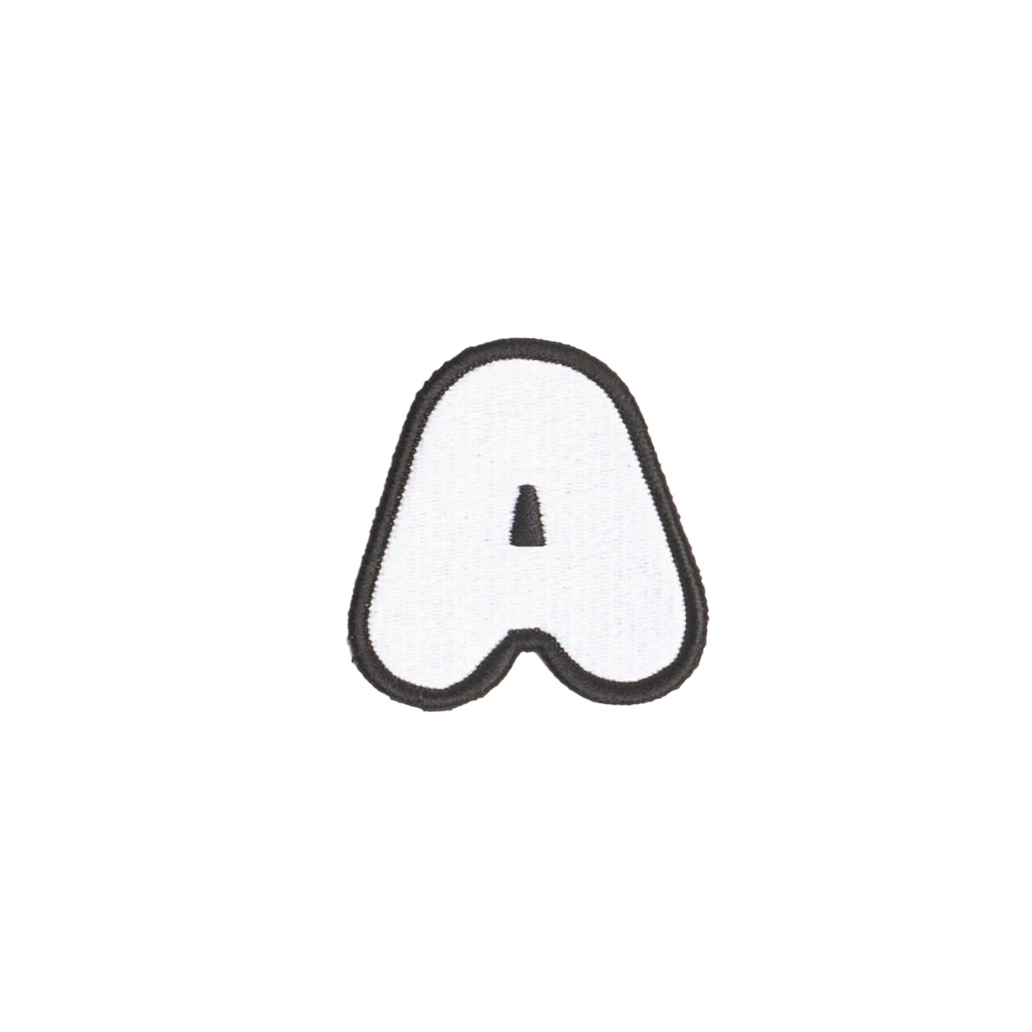 A white embroidered letter 'A' patch with a black border