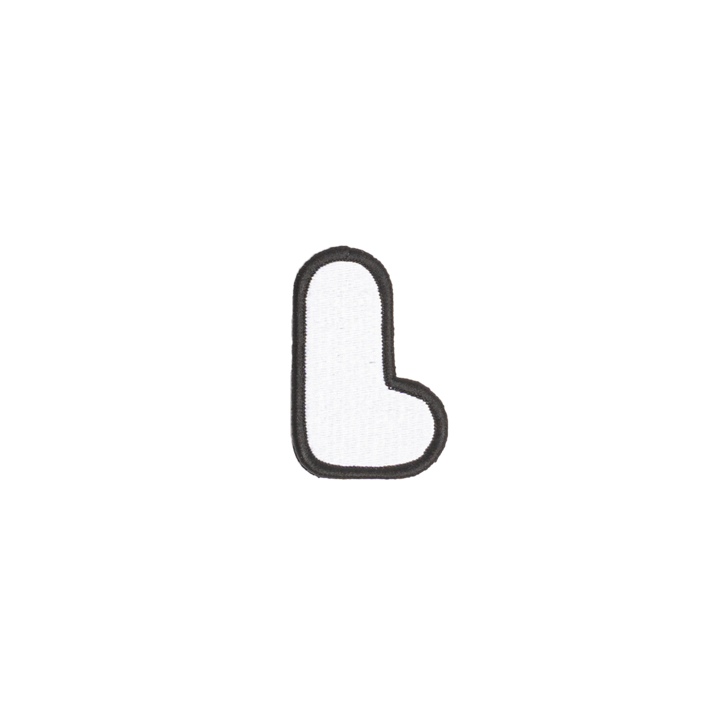 A white embroidered letter 'L' patch with a black border