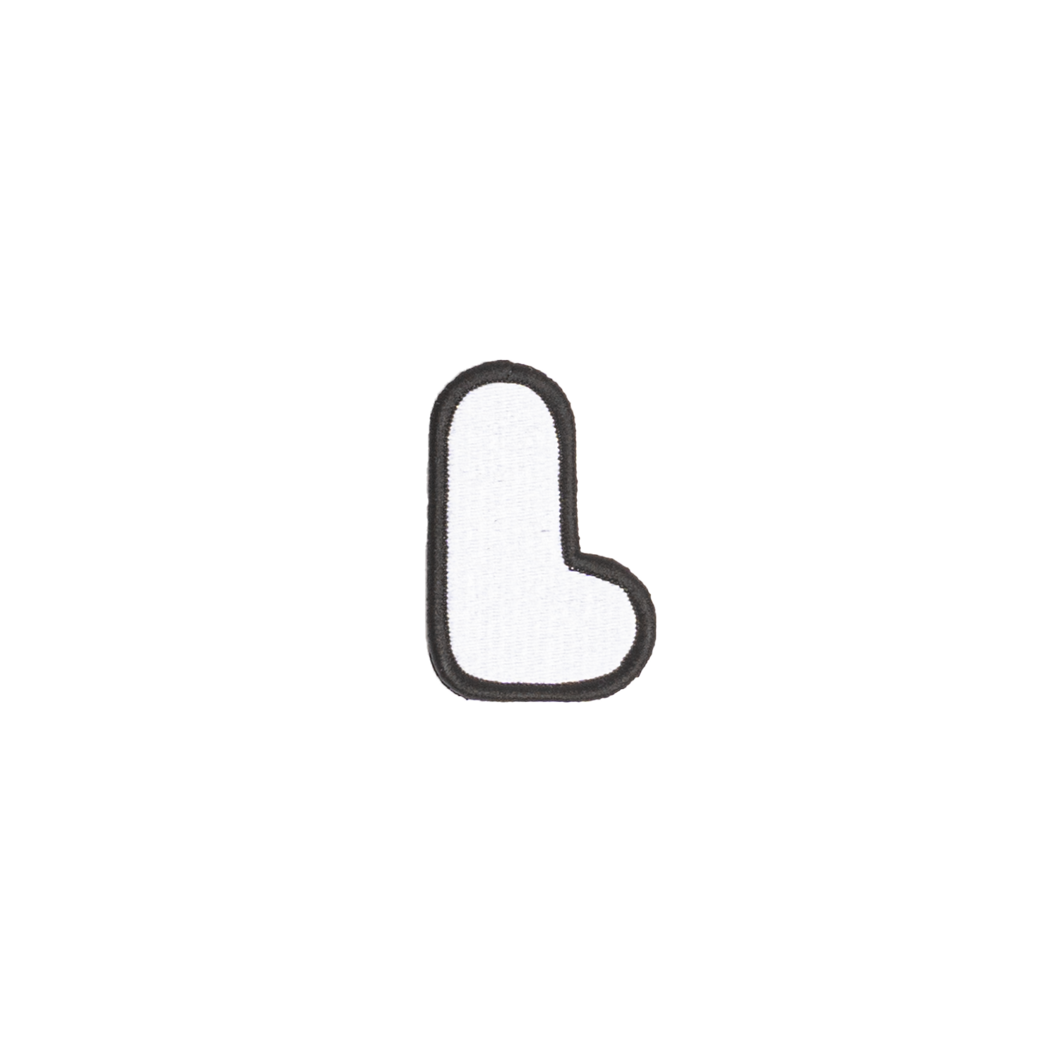 A white embroidered letter 'L' patch with a black border