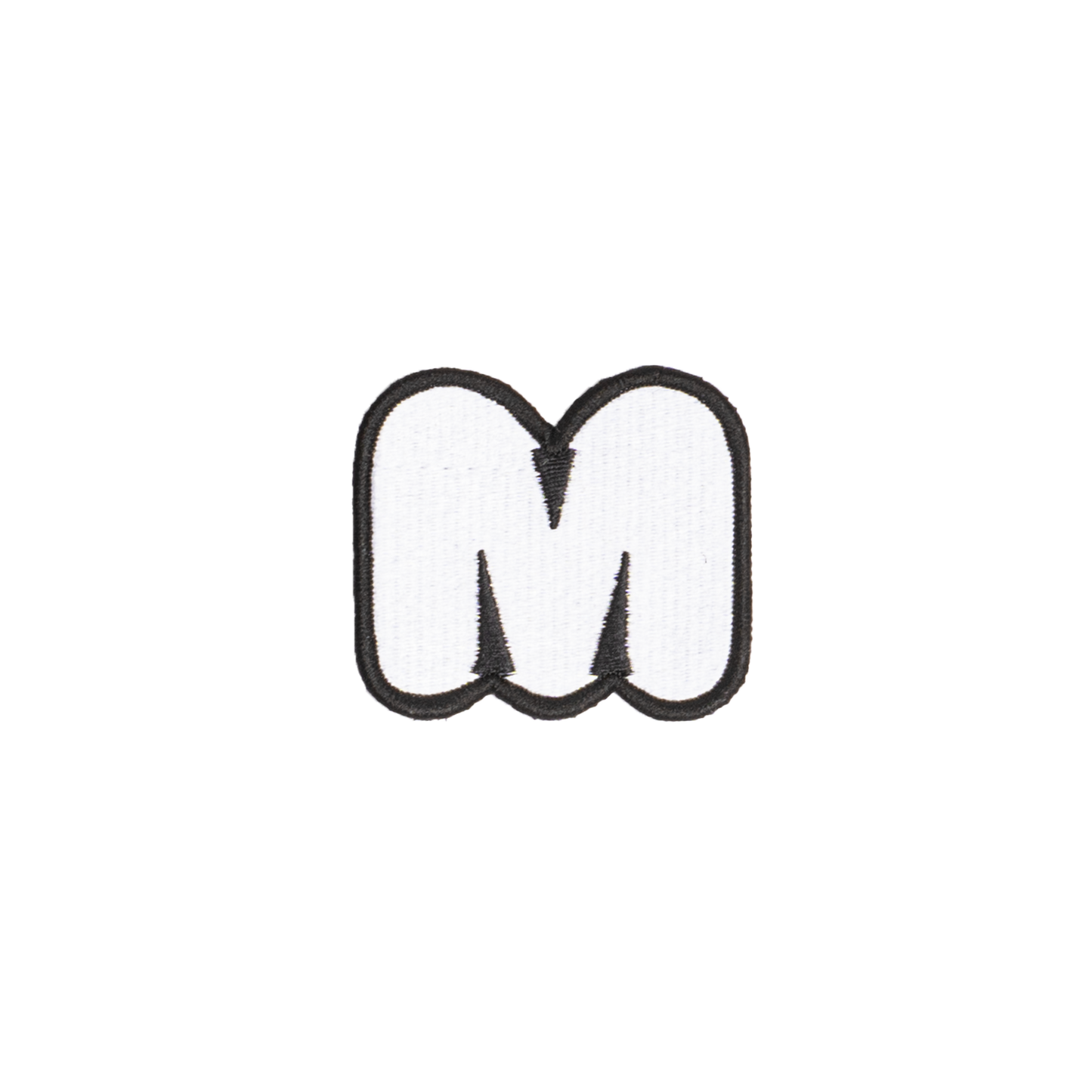A white embroidered letter 'M' patch with a black border