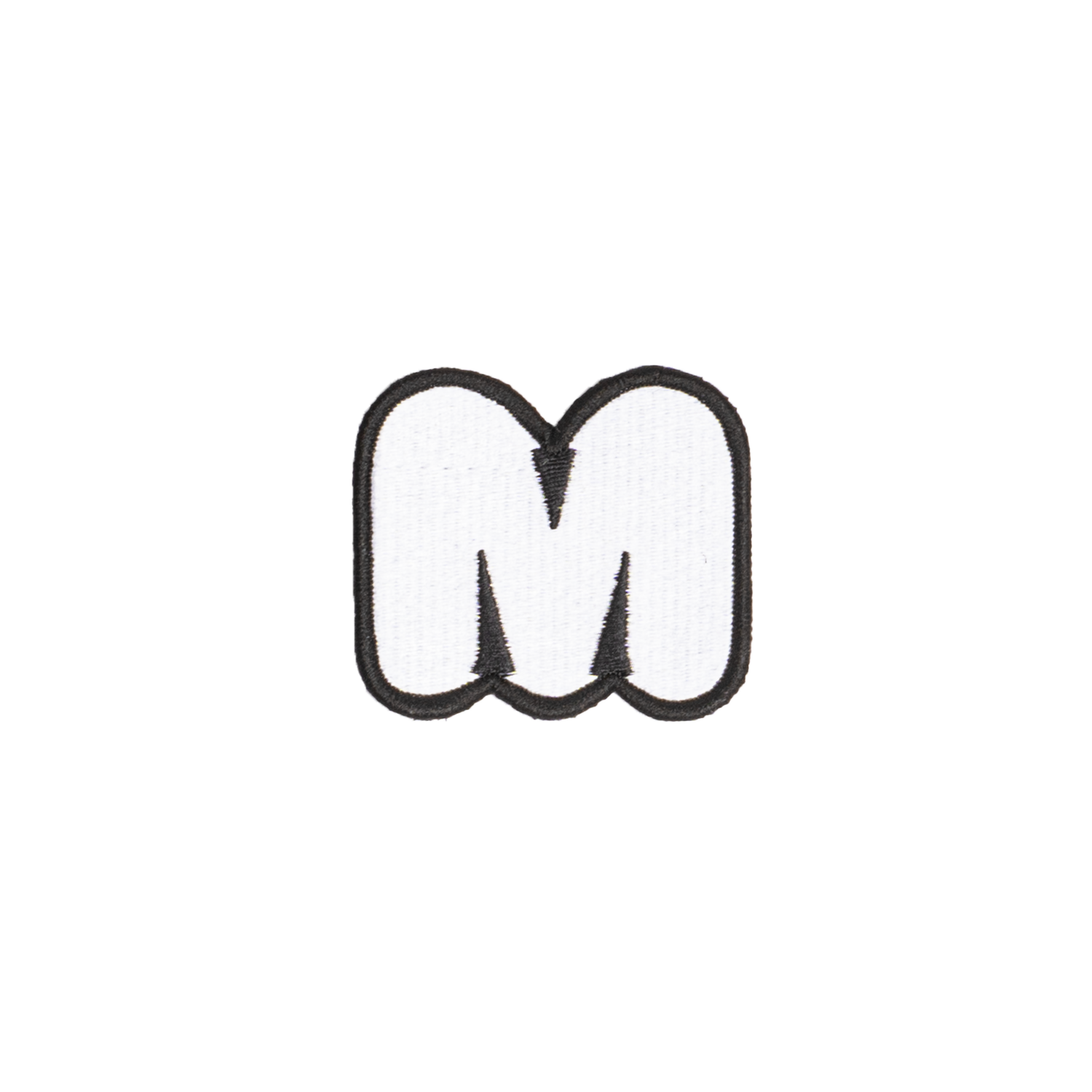 A white embroidered letter 'M' patch with a black border