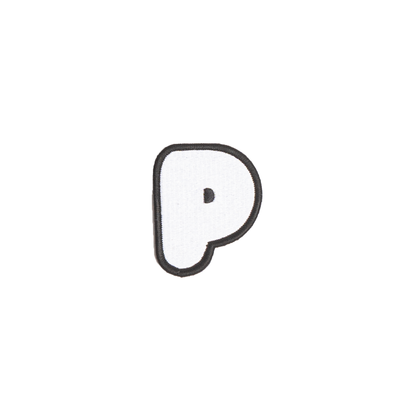 A white embroidered letter 'P' patch with a black border