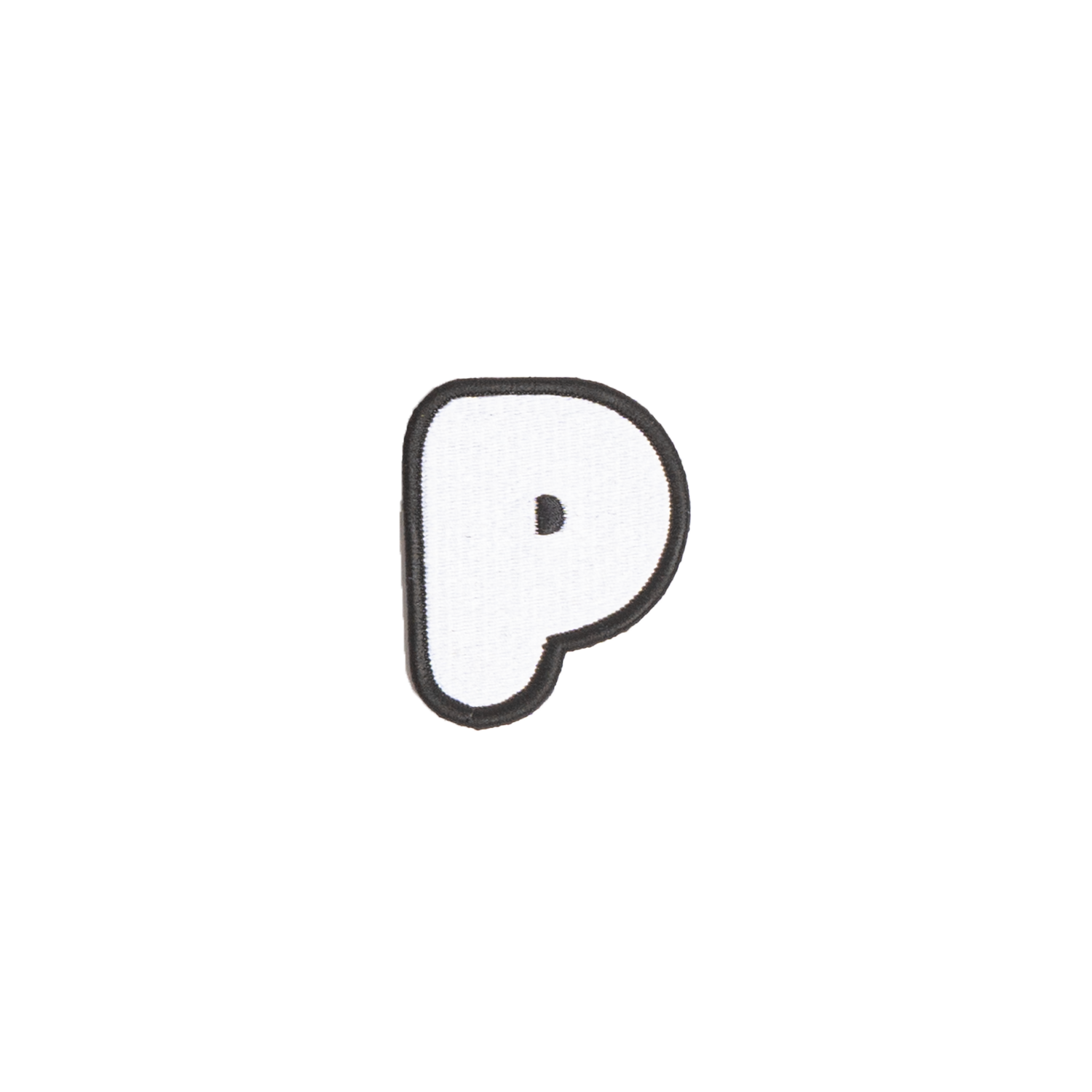 A white embroidered letter 'P' patch with a black border