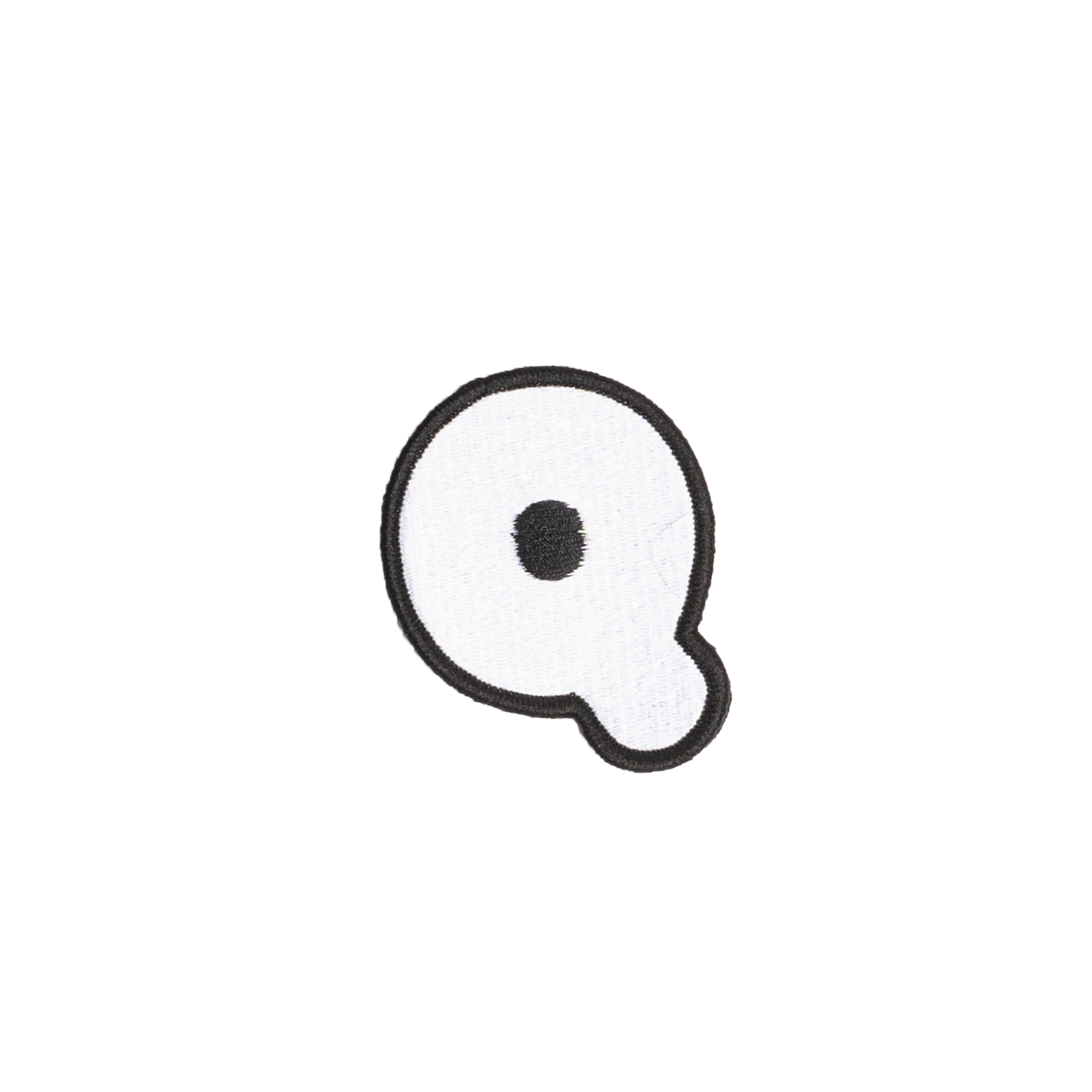 A white embroidered letter 'Q' patch with a black border