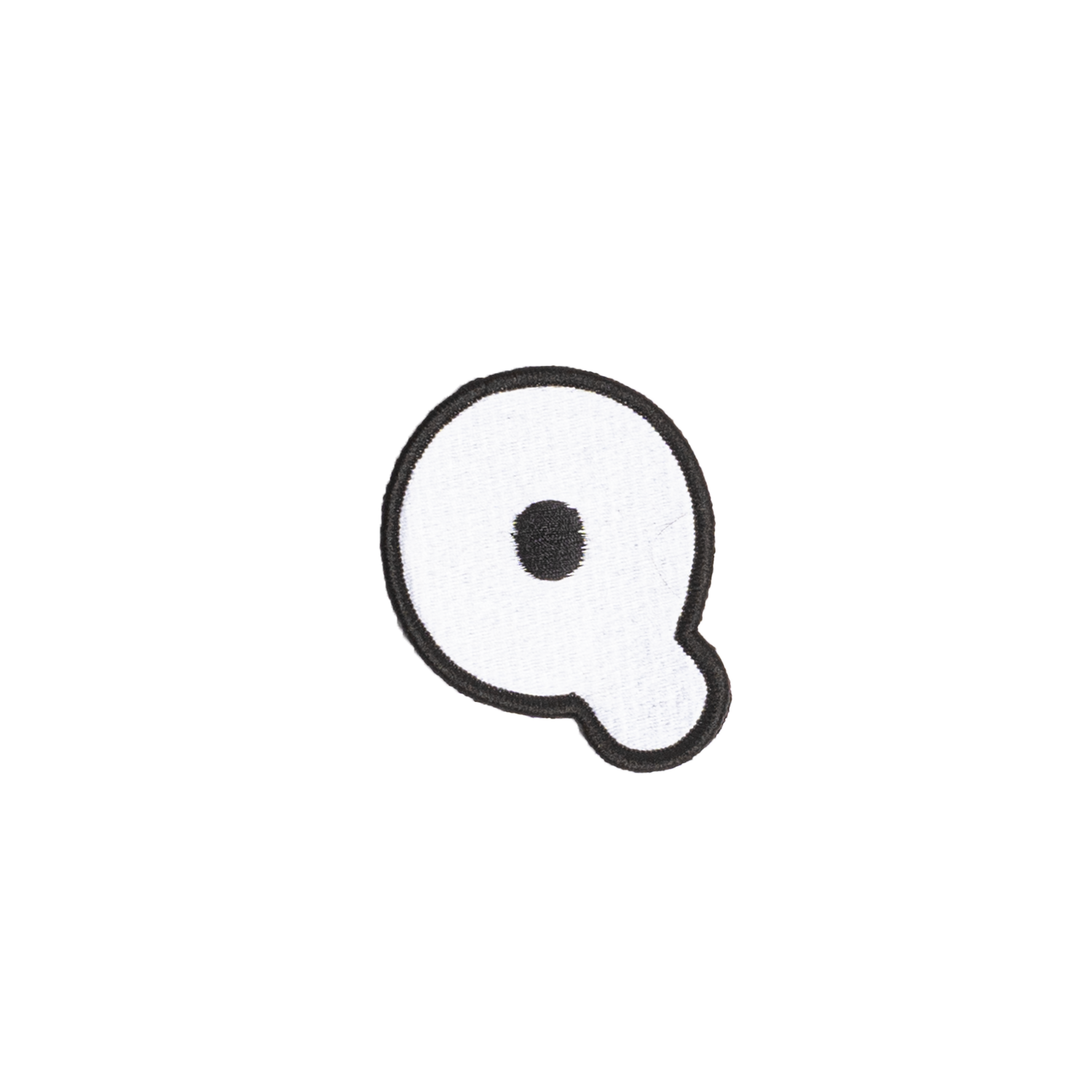 A white embroidered letter 'Q' patch with a black border