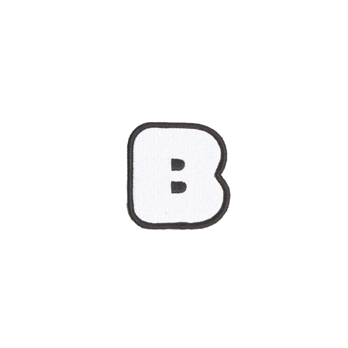 A white embroidered letter 'B' patch with a black border