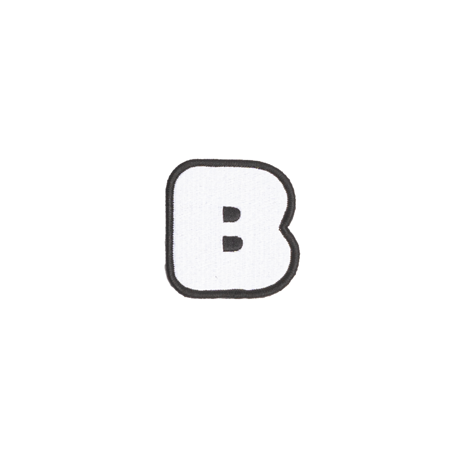 A white embroidered letter 'B' patch with a black border