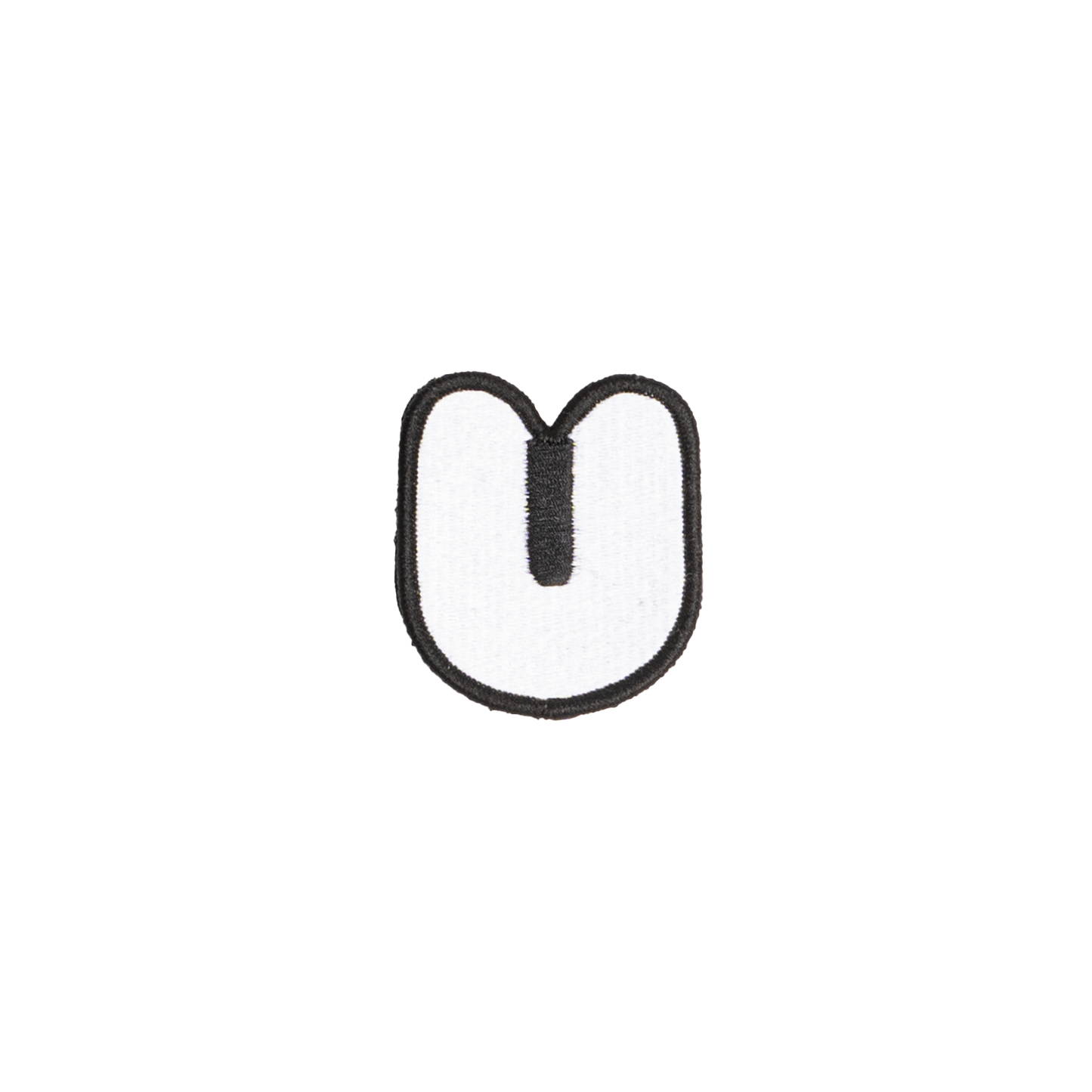A white embroidered letter 'U' patch with a black border
