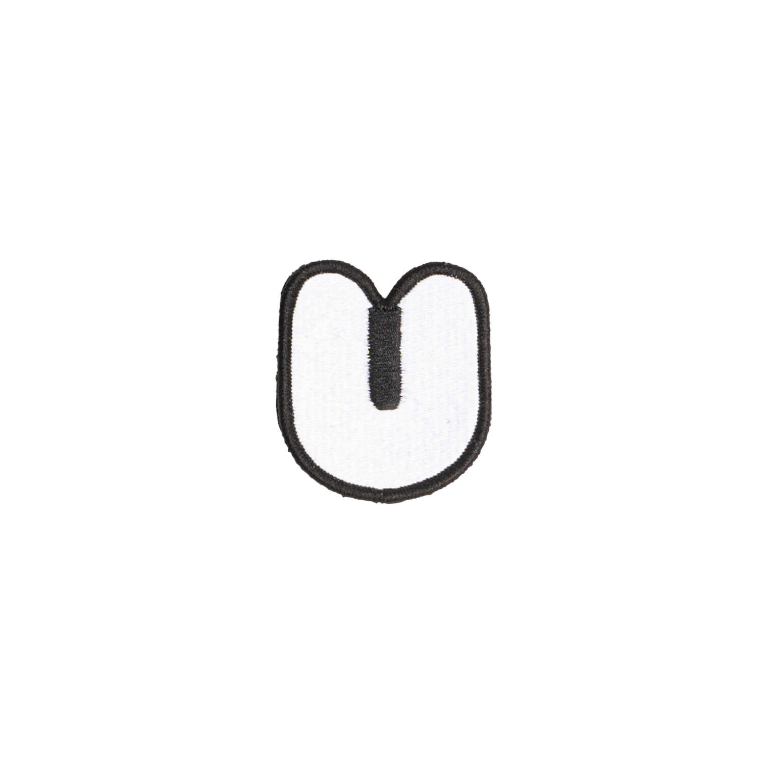 A white embroidered letter 'U' patch with a black border