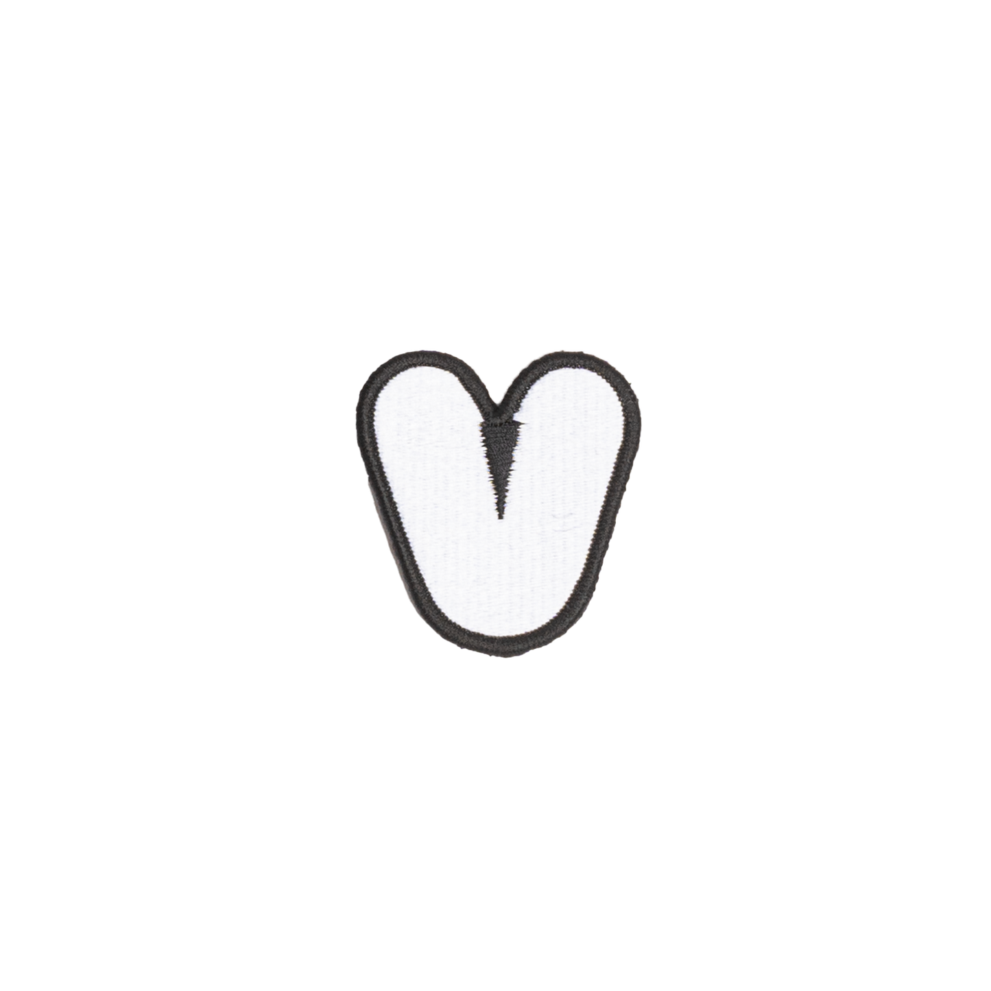 A white embroidered letter 'V' patch with a black border