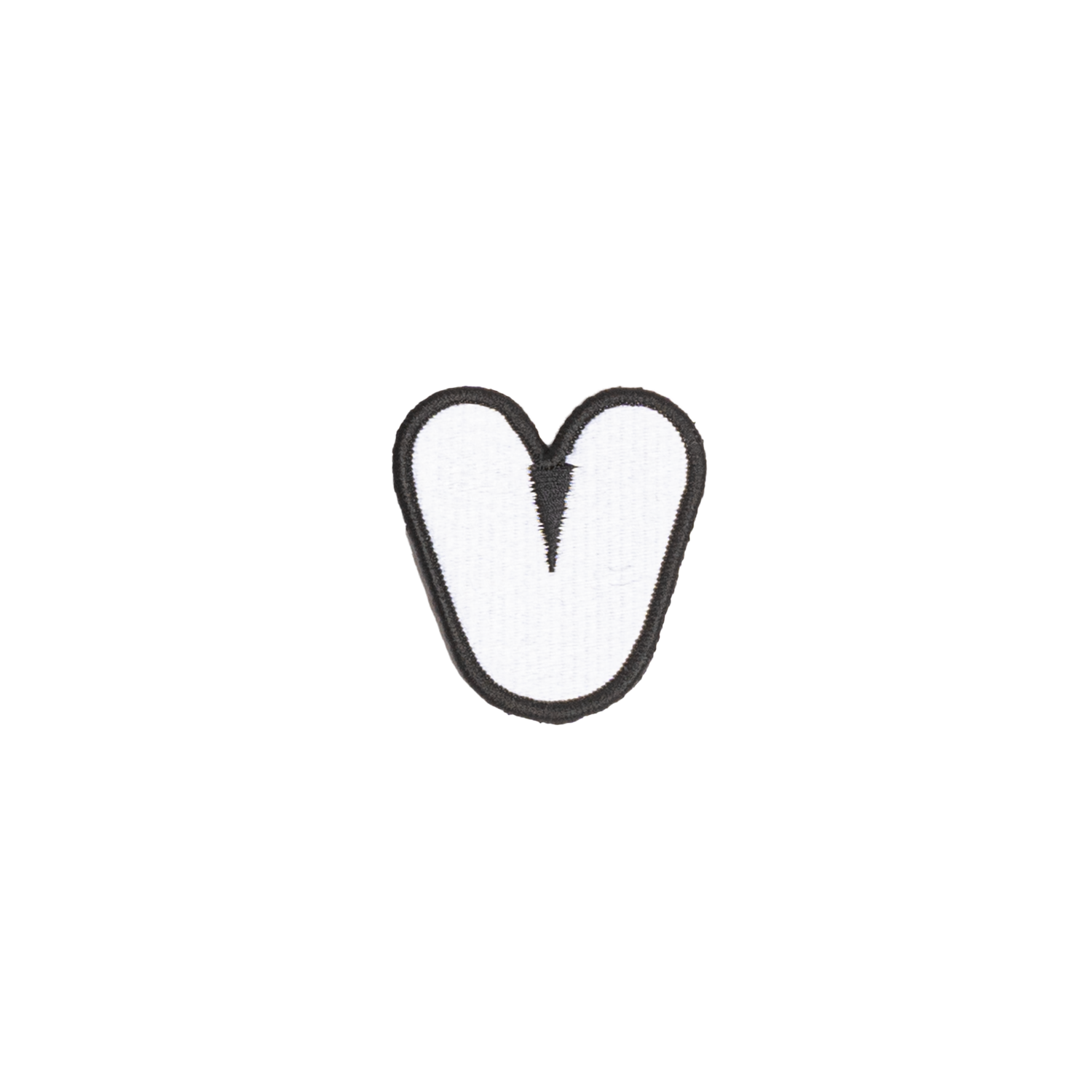 A white embroidered letter 'V' patch with a black border