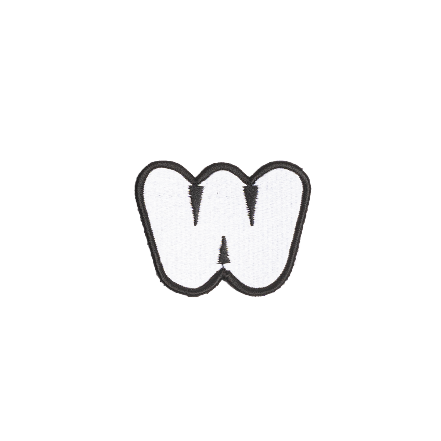 A white embroidered letter 'W' patch with a black border