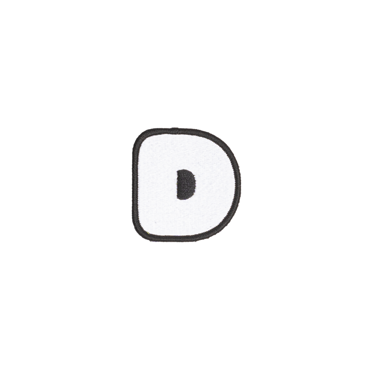 A white embroidered letter 'D' patch with a black border