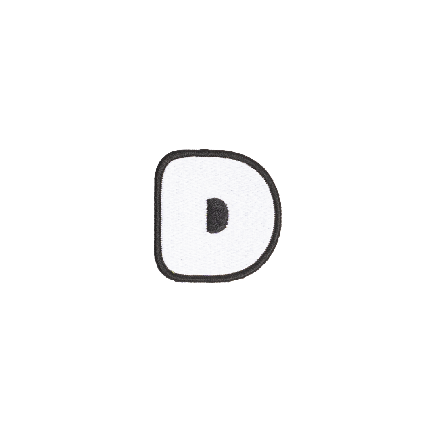 A white embroidered letter 'D' patch with a black border