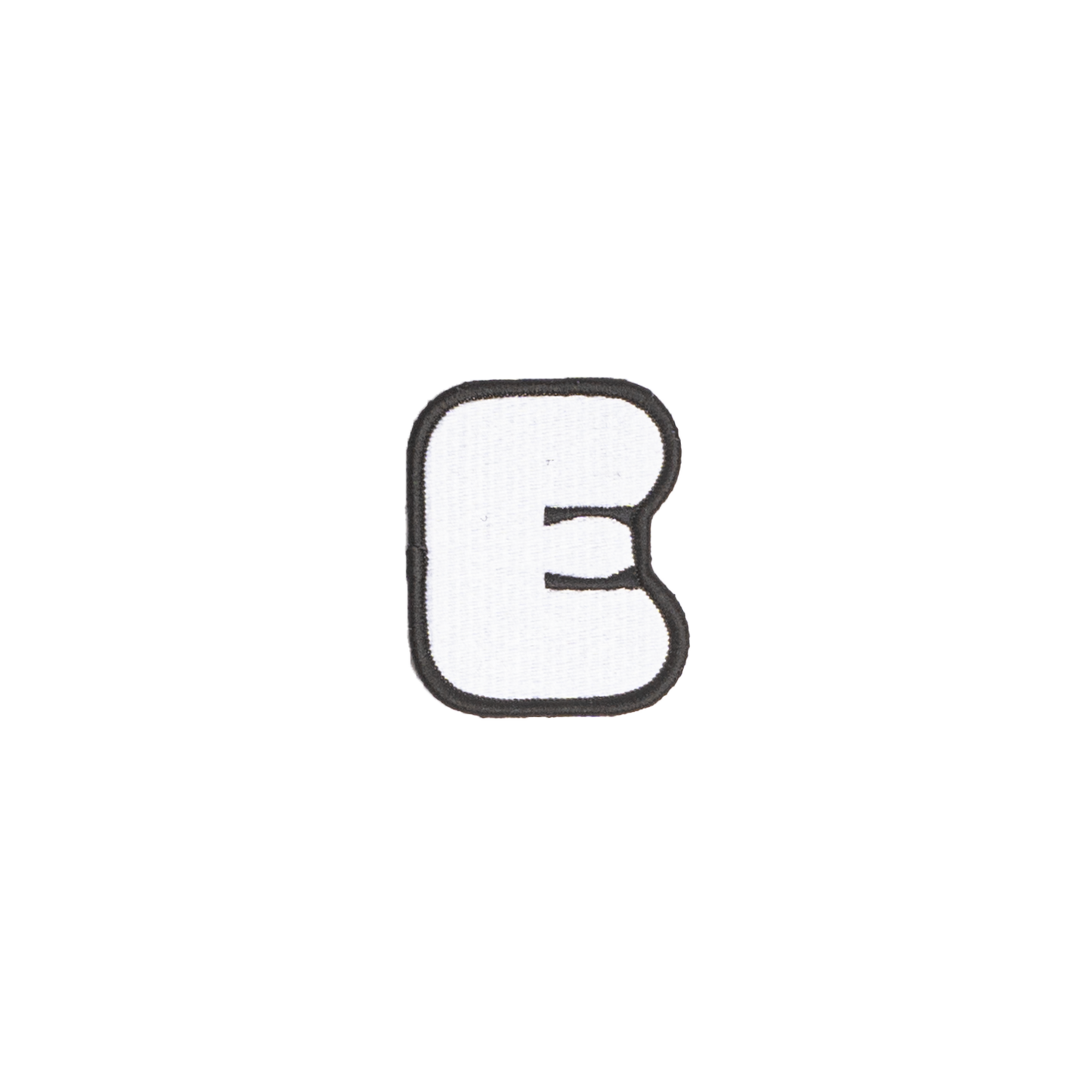 A white embroidered letter 'E' patch with a black border