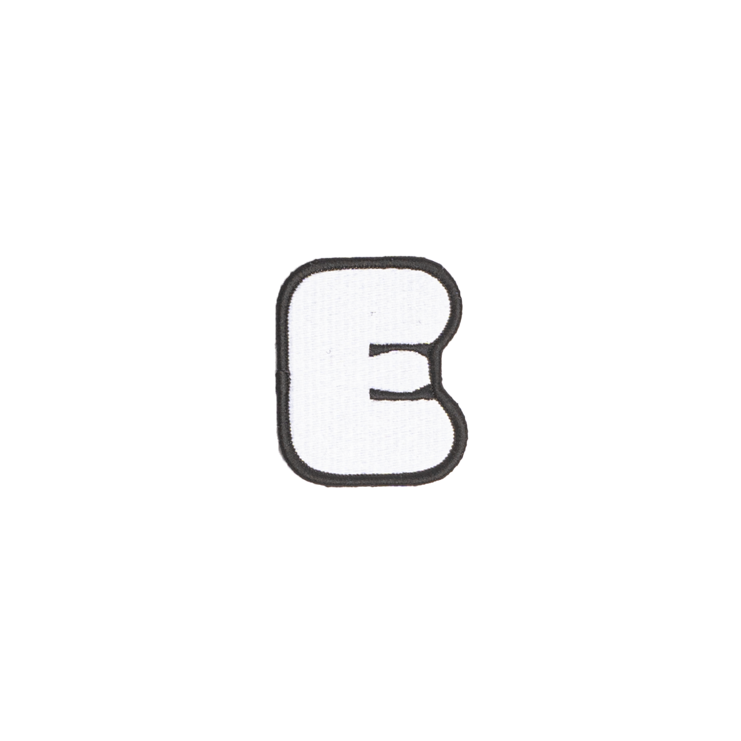 A white embroidered letter 'E' patch with a black border