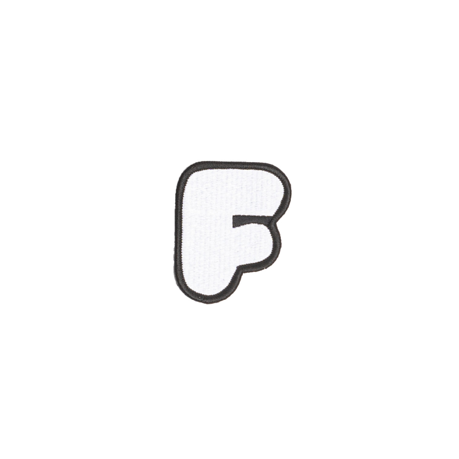 A white embroidered letter 'F' patch with a black border