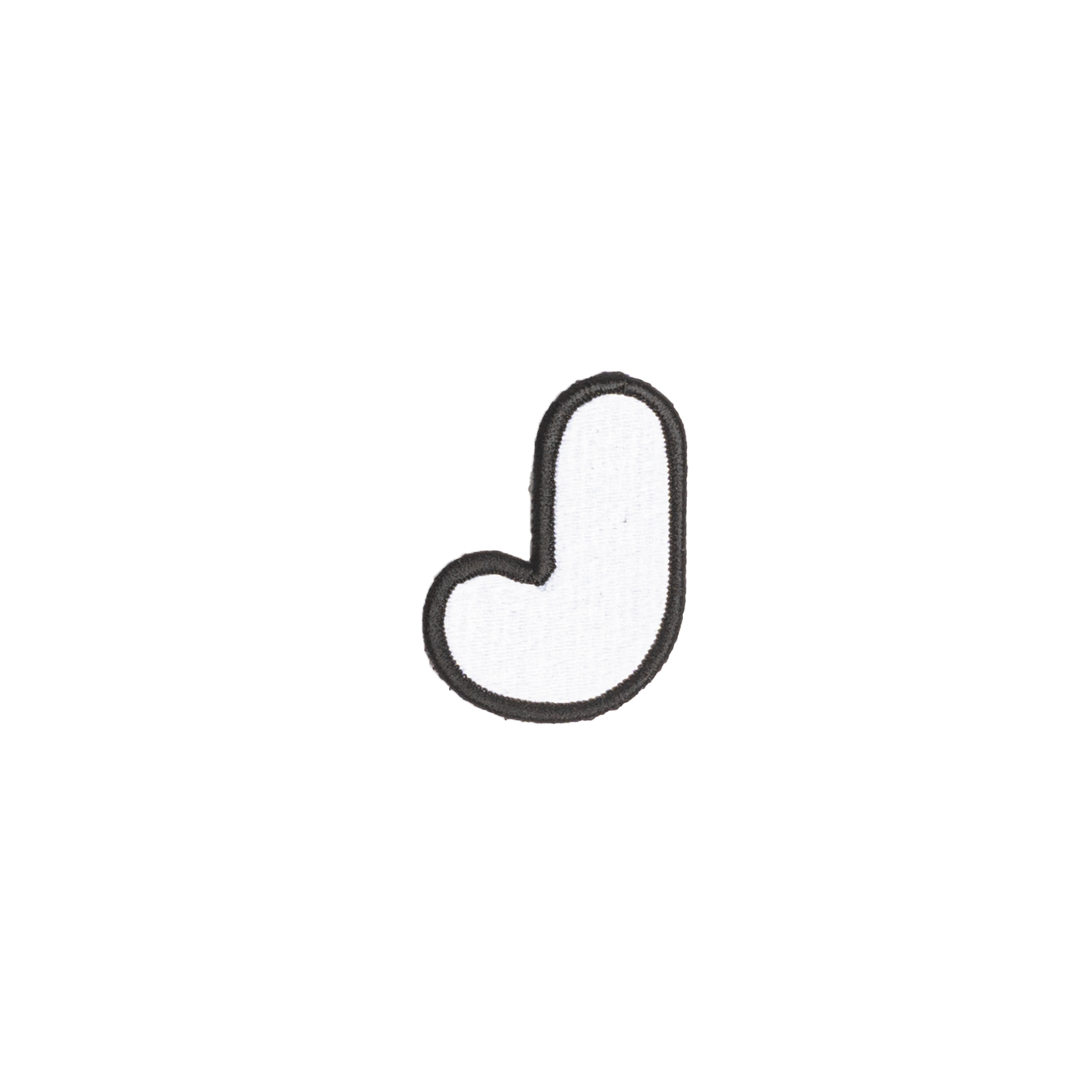 A white embroidered letter 'J' patch with a black border