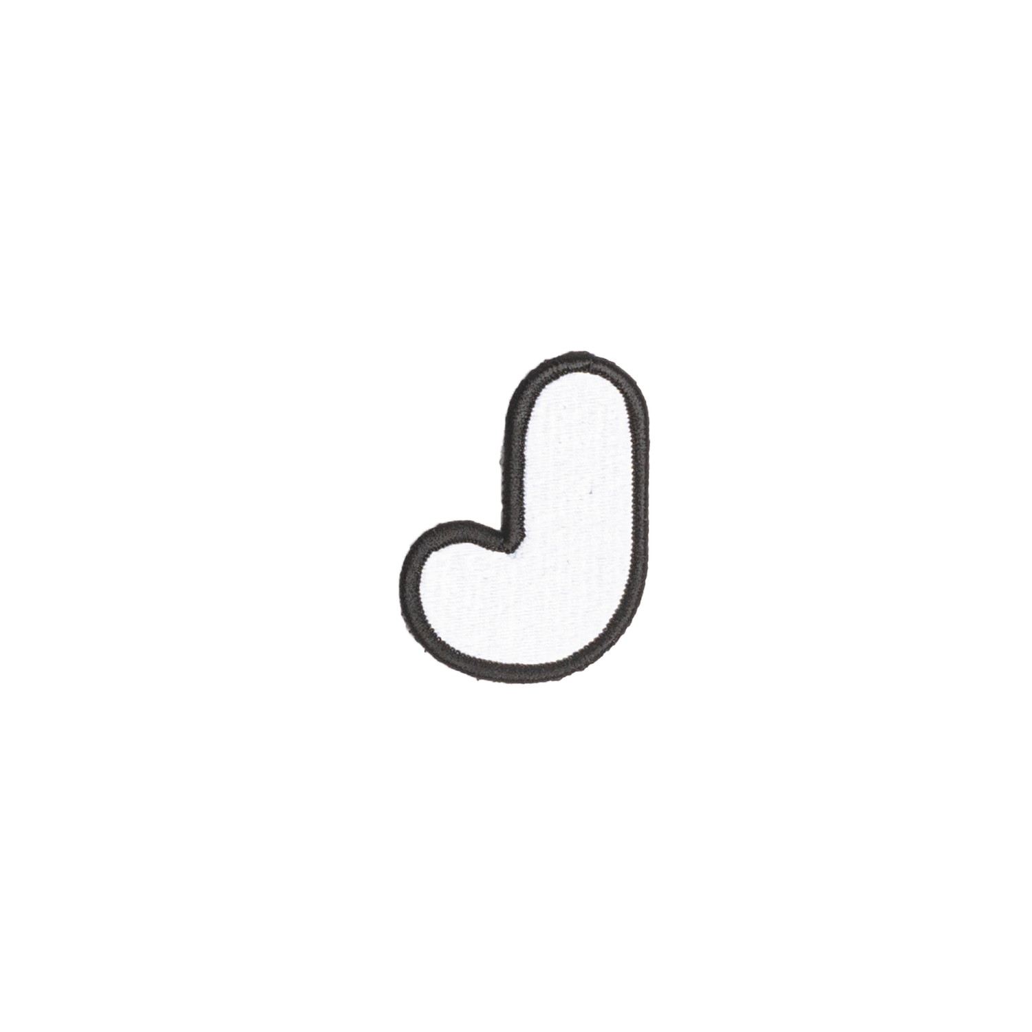 A white embroidered letter 'J' patch with a black border