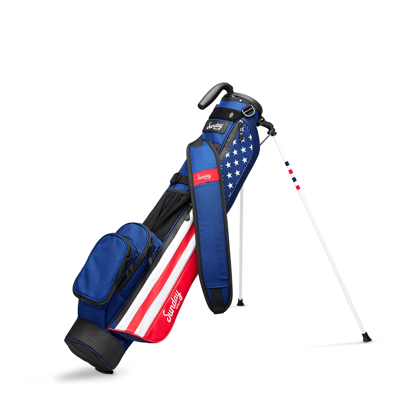 A full front shot of standing Loma golf bag in Patriot with single strap