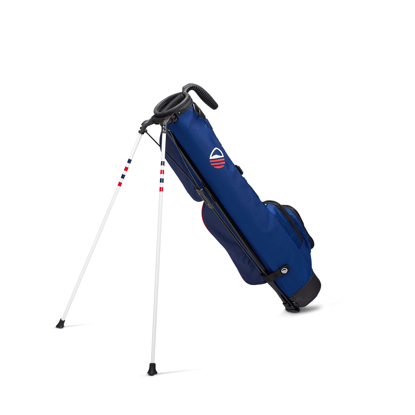 A full shot of standing Loma golf bag in Patriot facing backward