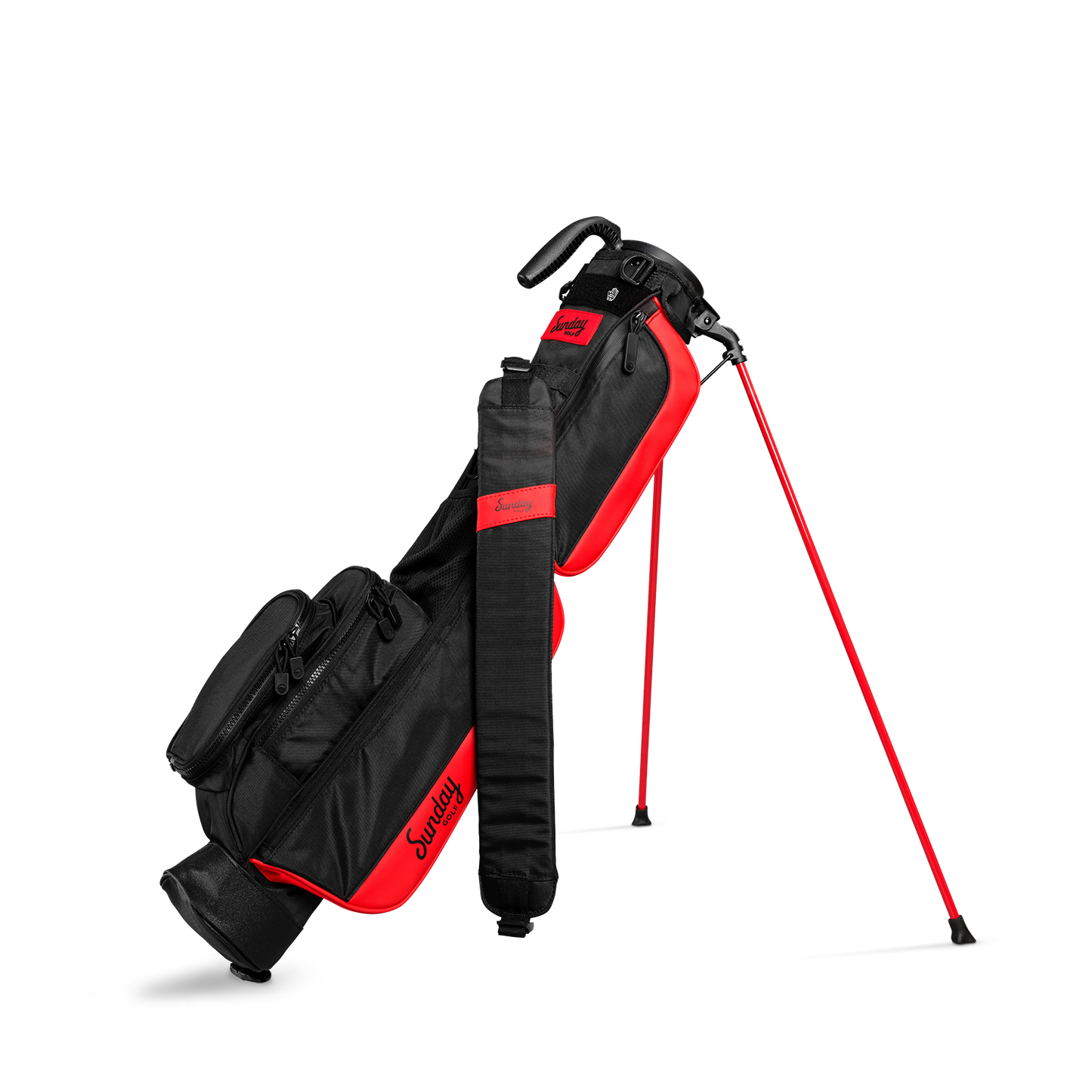 A full front shot of standing Loma golf bag in blackjack with single strap