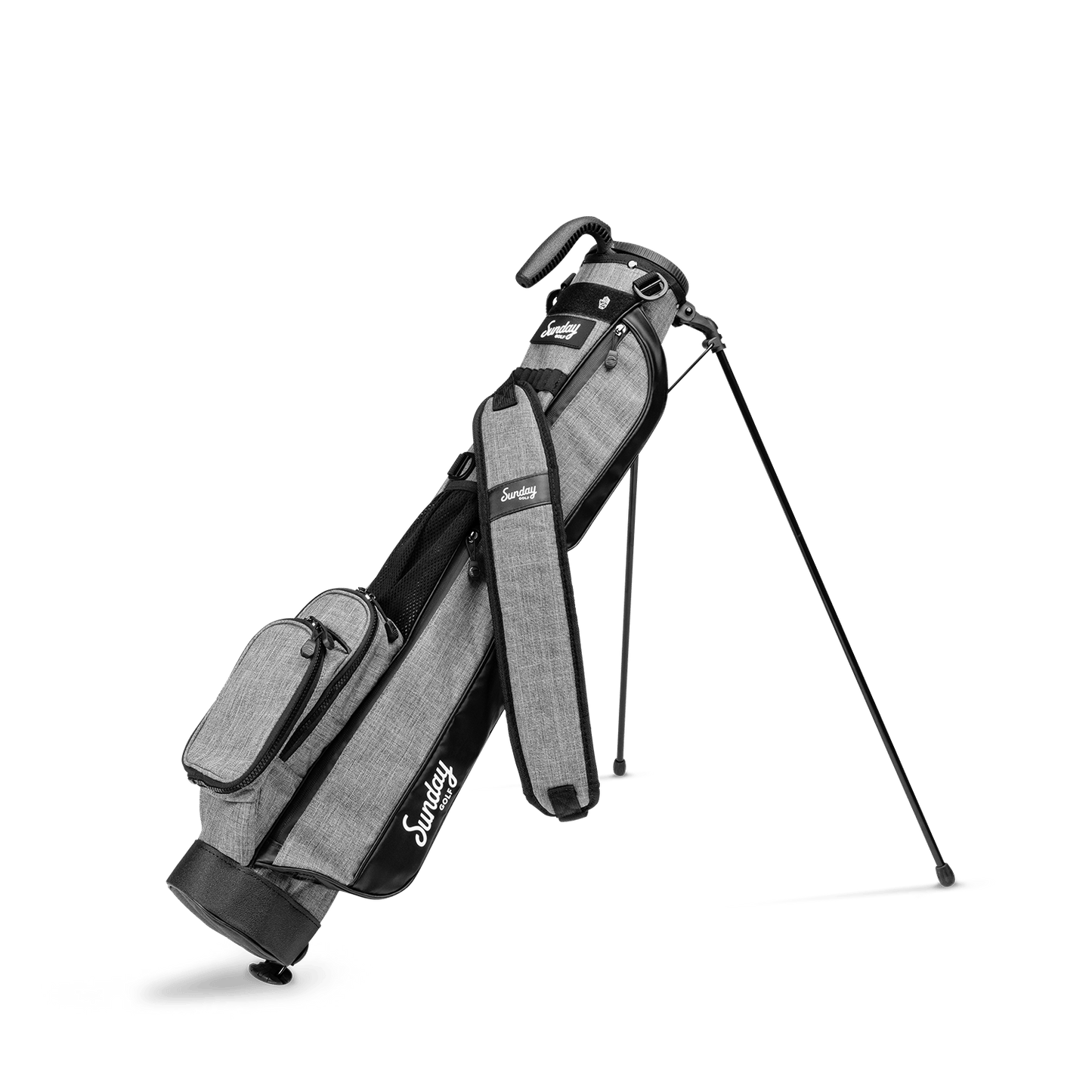 A full front shot of standing Loma golf bag in heather gray with single strap