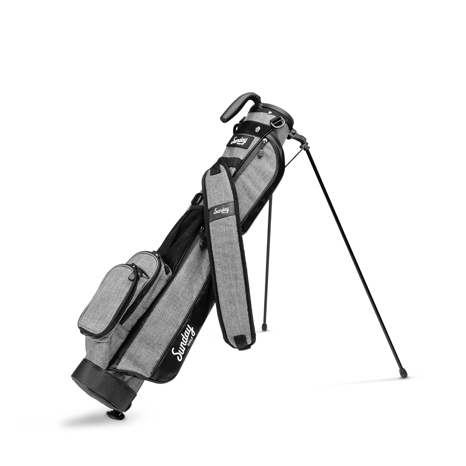 A full front shot of standing Loma golf bag in heather gray with single strap
