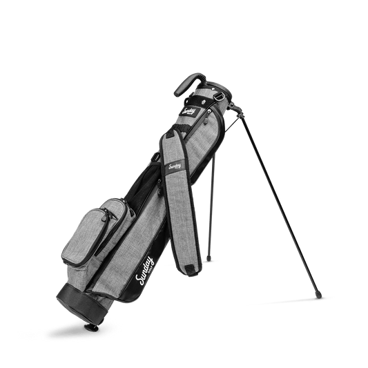 A full front shot of standing Loma golf bag in heather gray with single strap