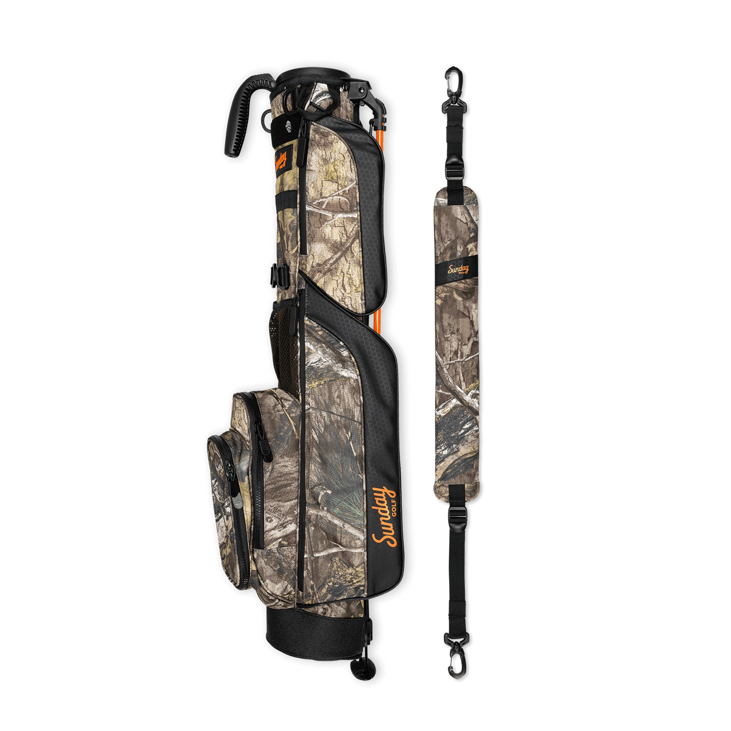 A full shot of Loma golf bag in mossy oak country dna laying flat sideways beside its single strap