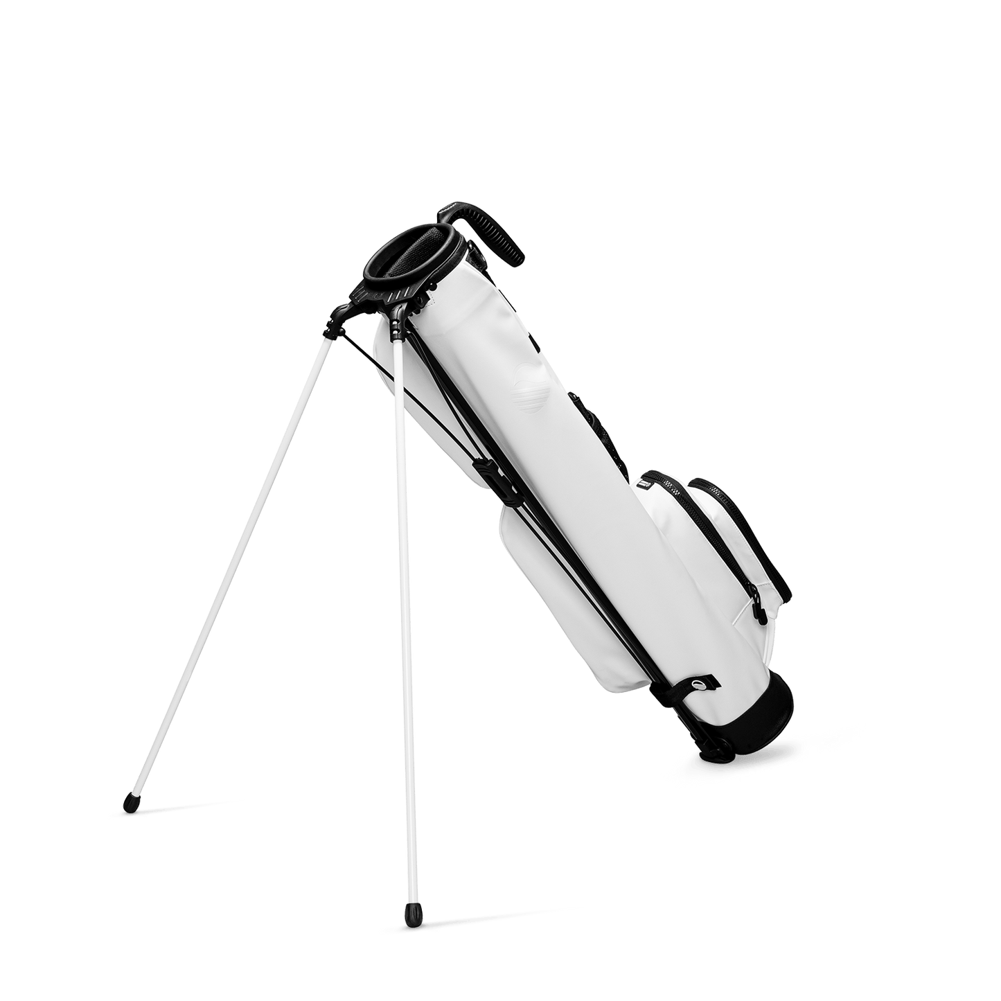 A full shot of standing Loma S-Class golf bag in white vegan leather facing backward