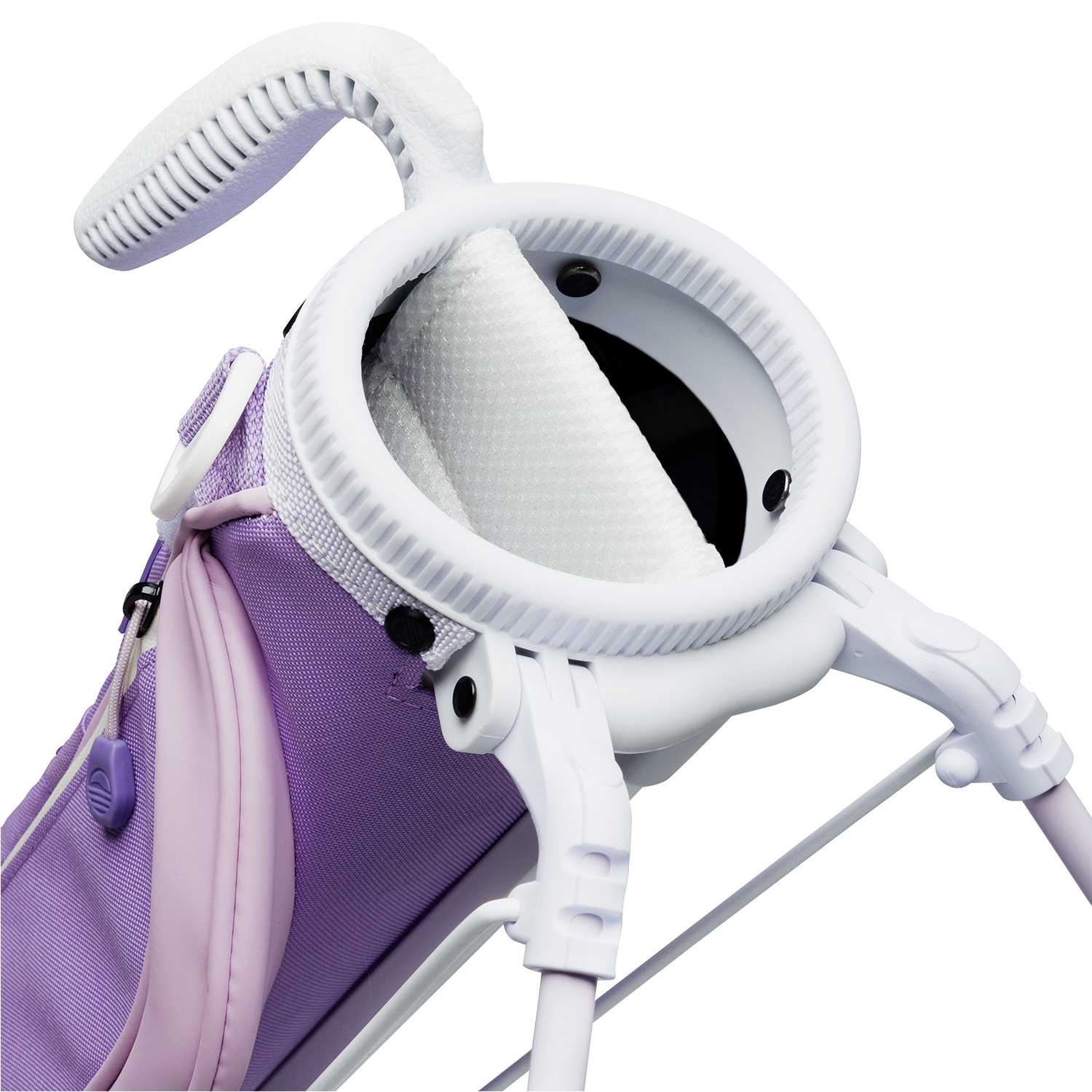 A close up top view of a lavender Loma golf bag’s 2-way divider