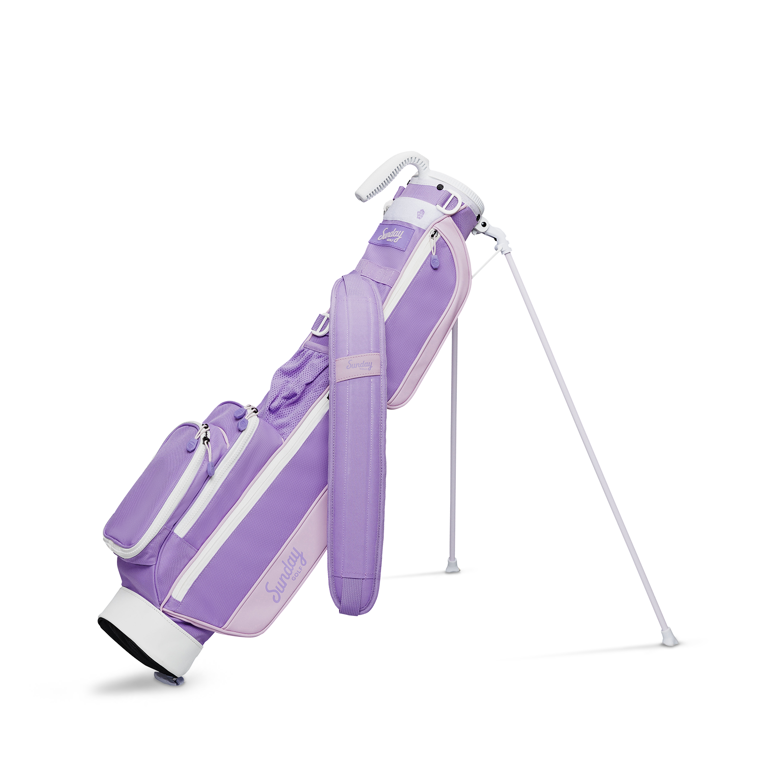 A full front shot of standing Loma golf bag in lavender with single strap