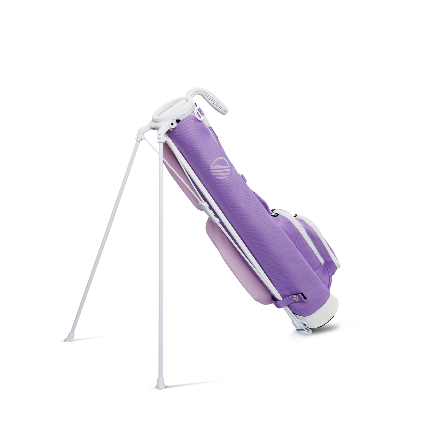 A full shot of standing Loma golf bag in lavender facing backward