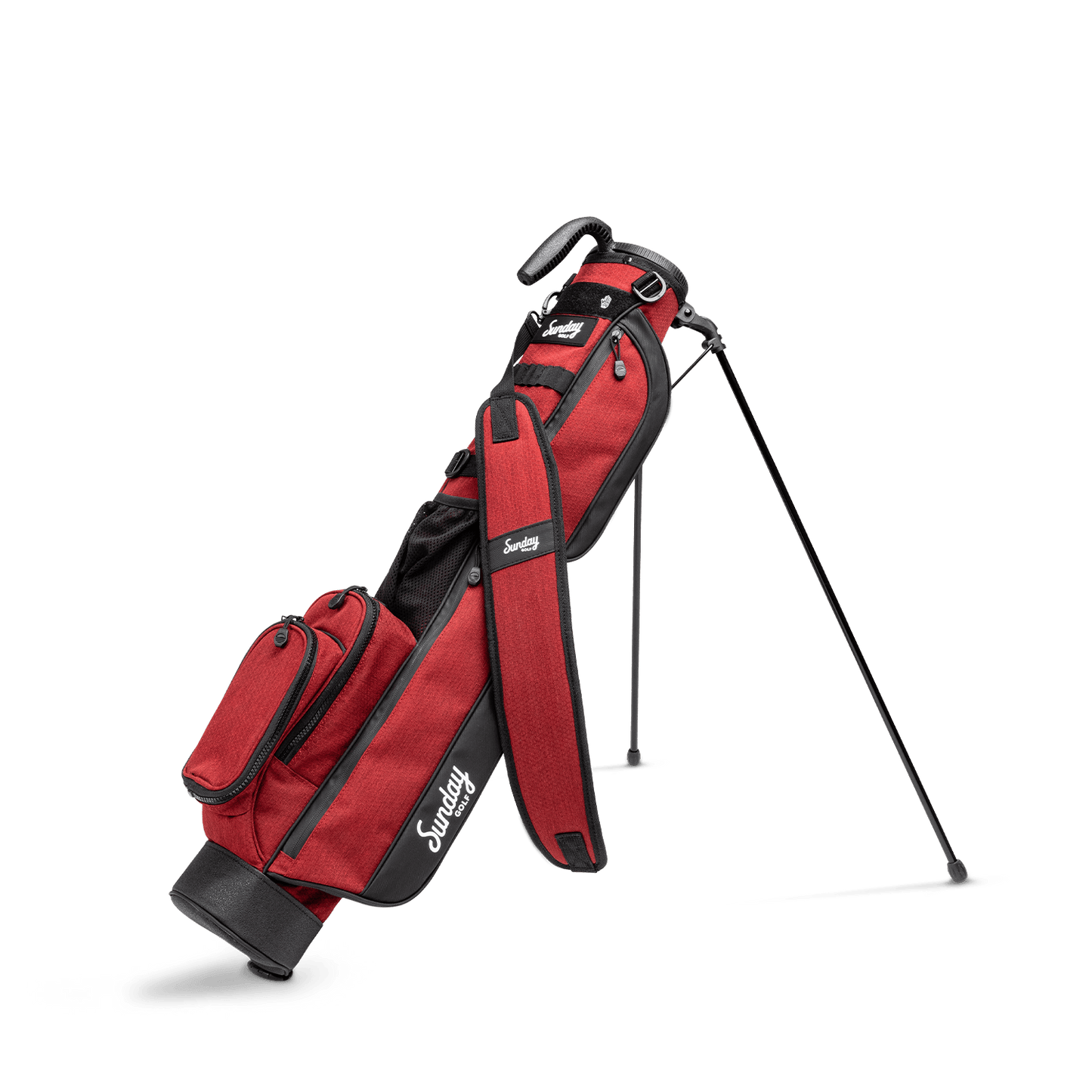 A full front shot of standing Loma golf bag in ron burgundy with single strap