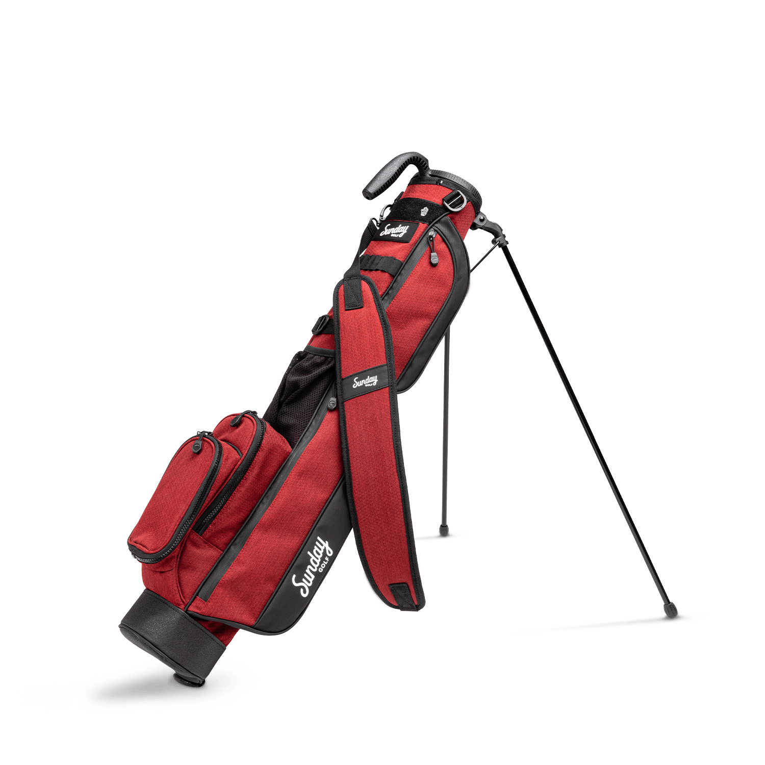 A full front shot of standing Loma golf bag in ron burgundy with single strap