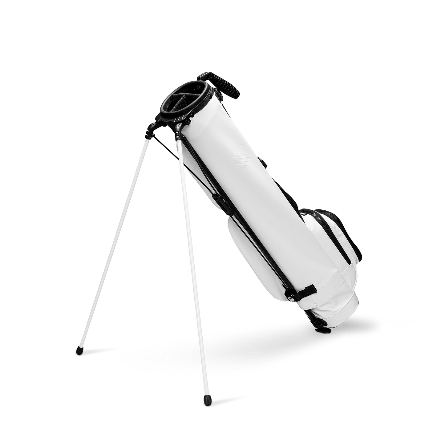A full shot of standing Loma XL S-Class golf bag in white vegan leather facing backward