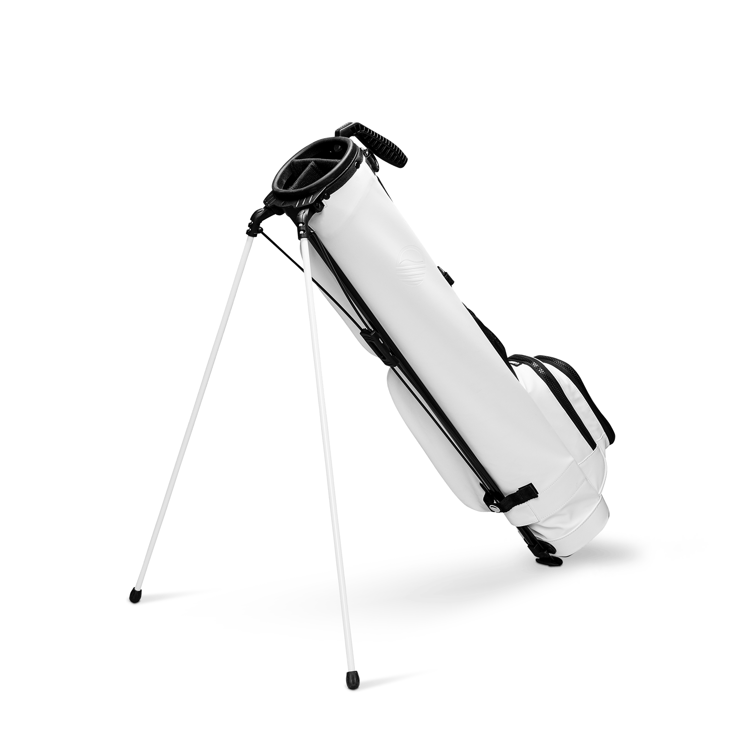 A full shot of standing Loma XL S-Class golf bag in white vegan leather facing backward